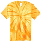 Orange and white tie-dye T-shirt with a radial spiral pattern.