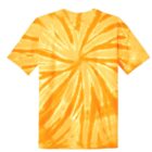 Orange and yellow tie-dye T-shirt with a spiral pattern.