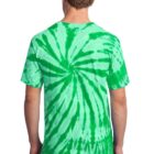 Person wearing a green tie-dye shirt with spiral pattern, seen from the back.