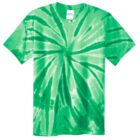 Green tie-dye T-shirt with a spiral pattern.