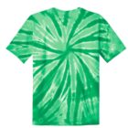 Green tie-dye t-shirt with a spiral pattern.