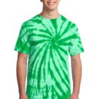 Smiling person wearing a green tie-dye shirt with a spiral pattern.