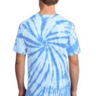 Person wearing a blue tie-dye T-shirt with a spiral design, seen from the back.