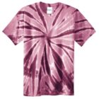 Pink and maroon tie-dye t-shirt with a spiral pattern.