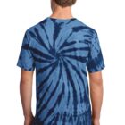 Person wearing a blue tie-dye shirt with a spiral pattern, seen from the back.