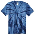 Blue tie-dye T-shirt with a spiral pattern on a white background.