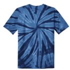 Blue tie-dye T-shirt with a spiral pattern.