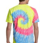 Person wearing a colorful tie-dye T-shirt with a spiral pattern, viewed from the back.