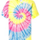 Colorful tie-dye t-shirt with spiral pattern in pink, yellow, and blue.