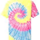 Tie-dye T-shirt with pink, yellow, and blue spiral pattern on a white background.