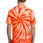 A person wearing an orange and white spiral tie-dye T-shirt, viewed from the back.