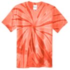 Orange tie-dye T-shirt with a spiral pattern.