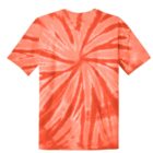 Orange tie-dye t-shirt with spiral pattern, back view.