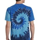 Man wearing a blue tie-dye T-shirt, viewed from the back.