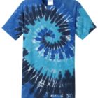 Blue tie-dye T-shirt with a spiral pattern.