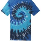 Blue tie-dye T-shirt featuring a spiral pattern.