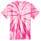 Pink tie-dye T-shirt with a spiral pattern.