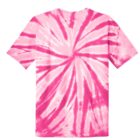 Pink and white tie-dye T-shirt with a spiral pattern.