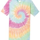 Tie-dye T-shirt with a spiral pattern in pastel blue, pink, yellow, and green.