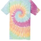 Tie-dye shirt with spiral pattern in pastel rainbow colors.
