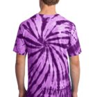 Man in a purple tie-dye T-shirt, seen from the back.