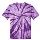 Purple tie-dye t-shirt with spiral pattern on white background.