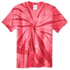 Red and white tie-dye T-shirt with a swirl pattern.