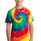 Person wearing a vibrant tie-dye t-shirt with a spiral pattern.