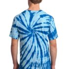 Man wearing a blue tie-dye T-shirt with a spiral pattern, viewed from the back.