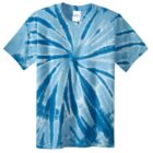 Blue tie-dye T-shirt with a spiral pattern on a white background.