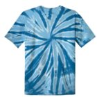 Blue and white tie-dye T-shirt with a spiral pattern.