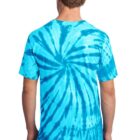 Person wearing a blue tie-dye shirt with spiral pattern, seen from the back.