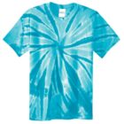 A blue tie-dye T-shirt with a spiral pattern.