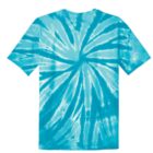 Blue and white tie-dye T-shirt with a spiral pattern.