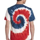 Person wearing a red, white, and blue spiral tie-dye t-shirt, facing away.