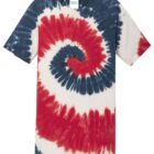 Tie-dye T-shirt with red, white, and blue spiral pattern.