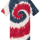 Tie-dye T-shirt with red, white, and blue spiral pattern on a plain background.