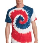 Person wearing a red, white, and blue tie-dye T-shirt with a spiral pattern.