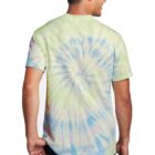 Man wearing a pastel tie-dye t-shirt, viewed from the back.