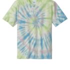 Tie-dye T-shirt with green, blue, and purple spiral pattern on a white background.