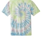 Tie-dye t-shirt with green, blue, and purple spiral pattern on a white background.