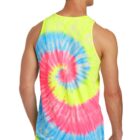 Man wearing a colorful tie-dye tank top with a spiral pattern standing against a white background.