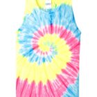 Colorful tie-dye tank top with a spiral pattern in blue, yellow, and pink.
