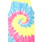 Tie-dye tank top with spiral pattern in blue, yellow, and pink.