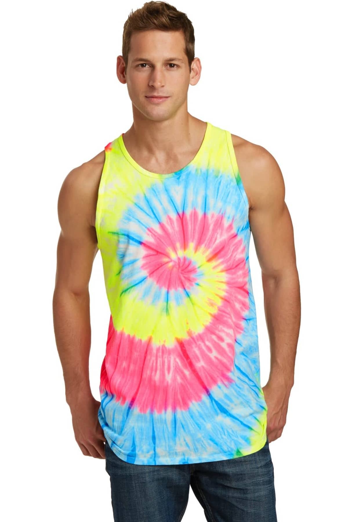Person wearing a colorful tie-dye tank top and jeans against a white background.