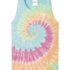 Tie-dye tank top with a spiral pattern in pastel colors: blue, yellow, pink, and green.