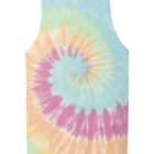 Tie-dye tank top with pastel pink, blue, yellow, and green spiral pattern.