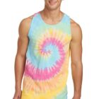 Person wearing a colorful tie-dye tank top and jeans, smiling at the camera.
