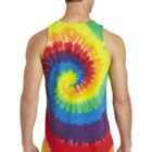 Person in colorful tie-dye tank top showing a spiral pattern, viewed from the back.