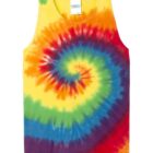 Tie-dye tank top with a vibrant spiral pattern in rainbow colors.